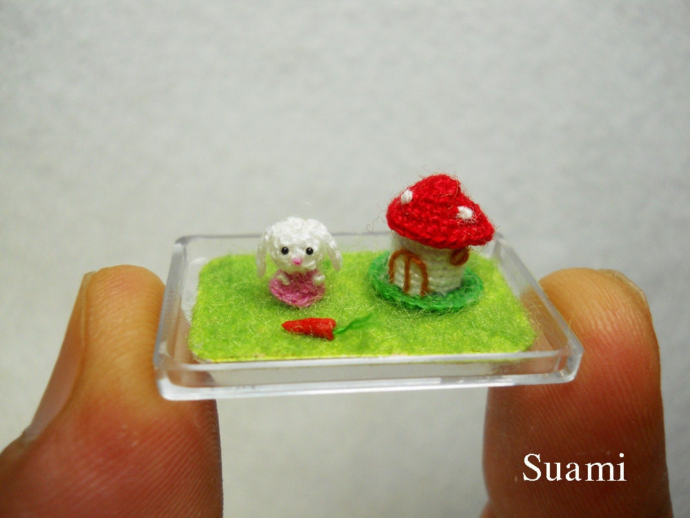 1/5 inch Extreme Micro Bunny Rabbit - Teeny Tiny Miniature Crochet Bunny Rabbit Amigurumi With Carrot and Mushroom House - Made To Order