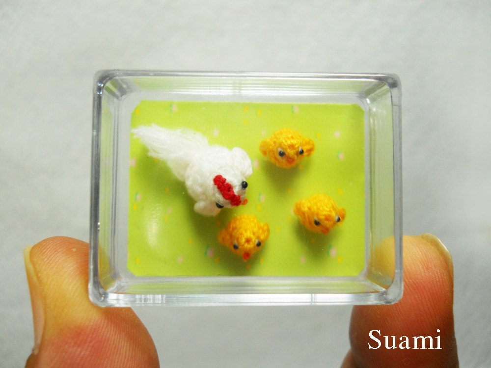 White Hen And Yellow Chicks - Micro Crochet Amigurumi Chickens - Set of Four Chickens - Made To Order