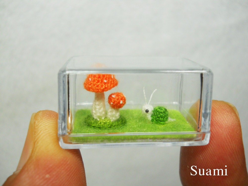 Green Snail Orange Mushroom - Micro Crocheted Snails - Made To Order