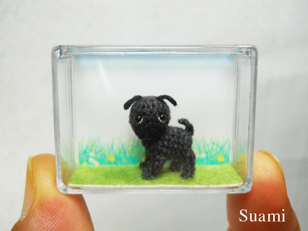 Micro Black Pug Dog - Tiny Dollhouse Miniature Pet - Thread Crochet Animals - Made to Order