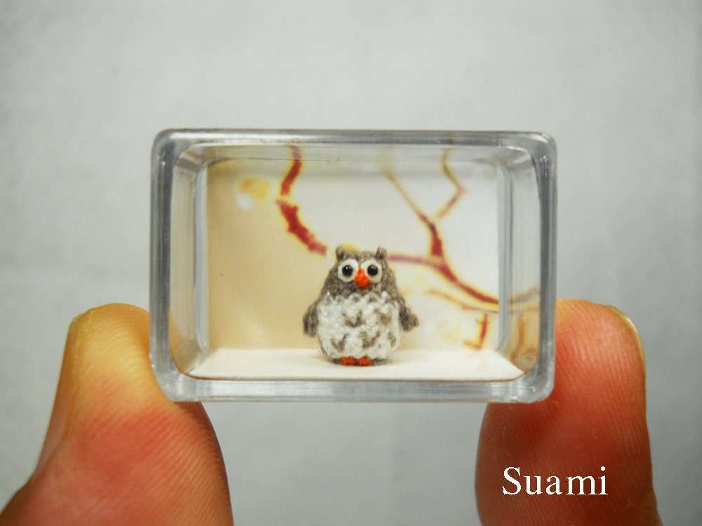 Miniature Crochet Owl - Micro Mini Amigurumi Grey Owl - Made To Order
