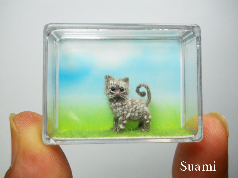 1/2 Inch Micro Grey Cat Kitten - Tiny Crochet Miniature Cat Amigurumi - Made to Order