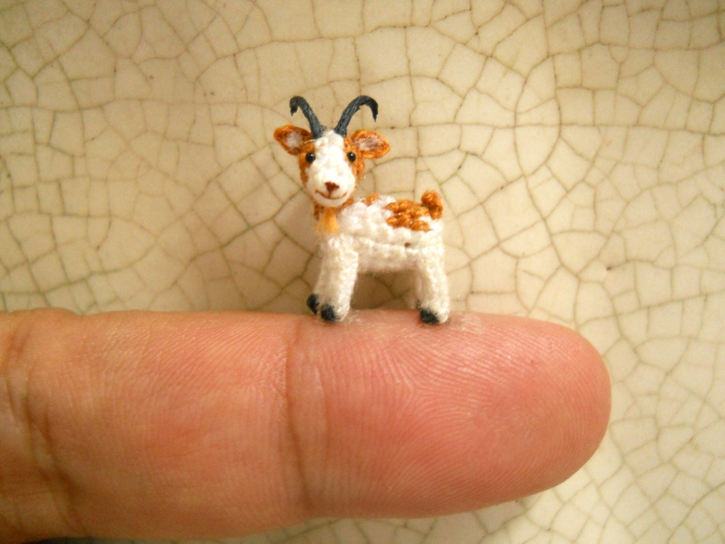 1/2 Inch Amigurumi Goat, White Brown - Micro Miniature Crochet Stuffed Animal - Made To Order