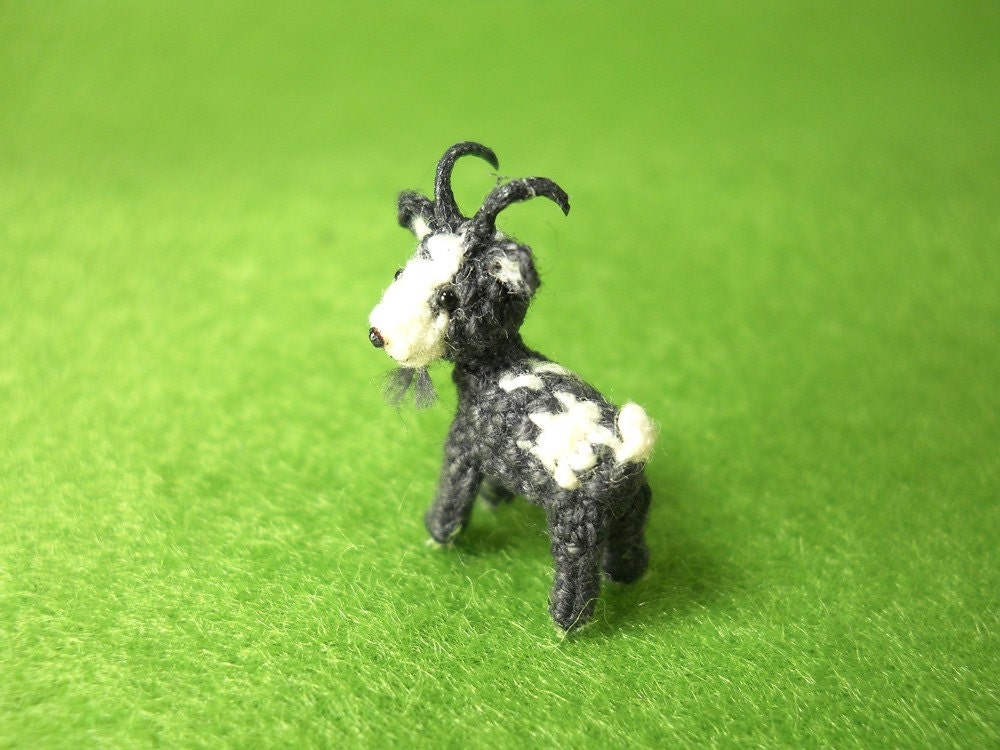 1/2 Inch Mini Goat, White Grey - Micro Miniature Crochet Stuffed Animal - Made To Order
