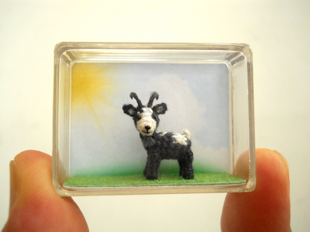 1/2 Inch Mini Goat, White Grey - Micro Miniature Crochet Stuffed Animal - Made To Order