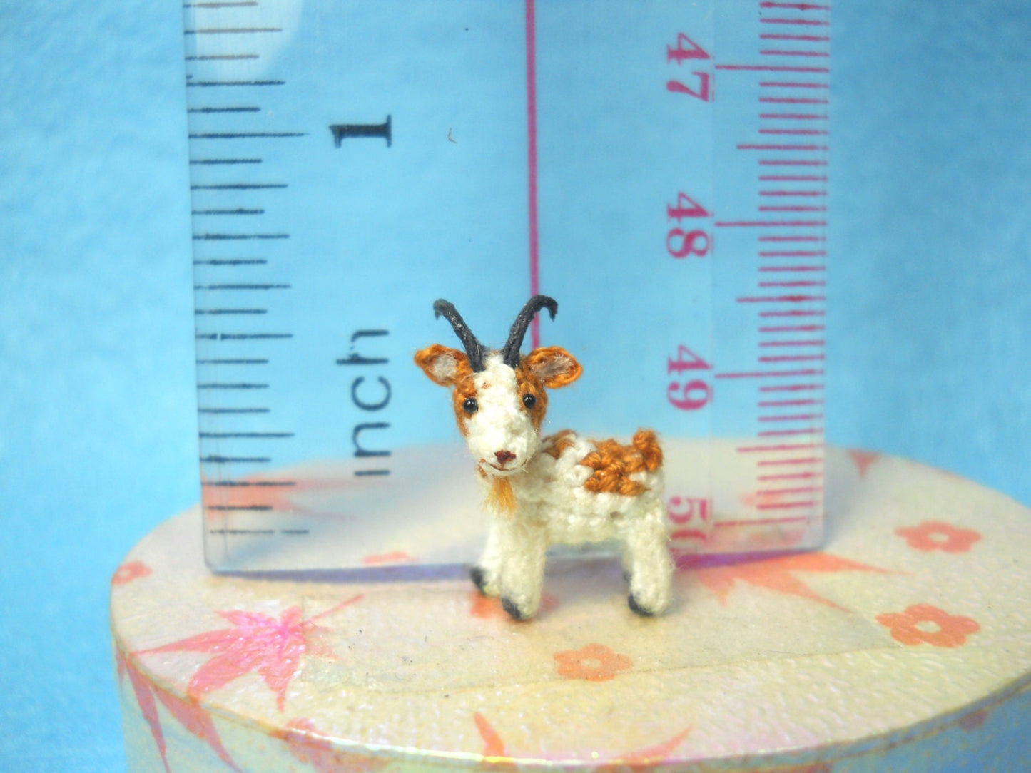 1/2 Inch Amigurumi Goat, White Brown - Micro Miniature Crochet Stuffed Animal - Made To Order
