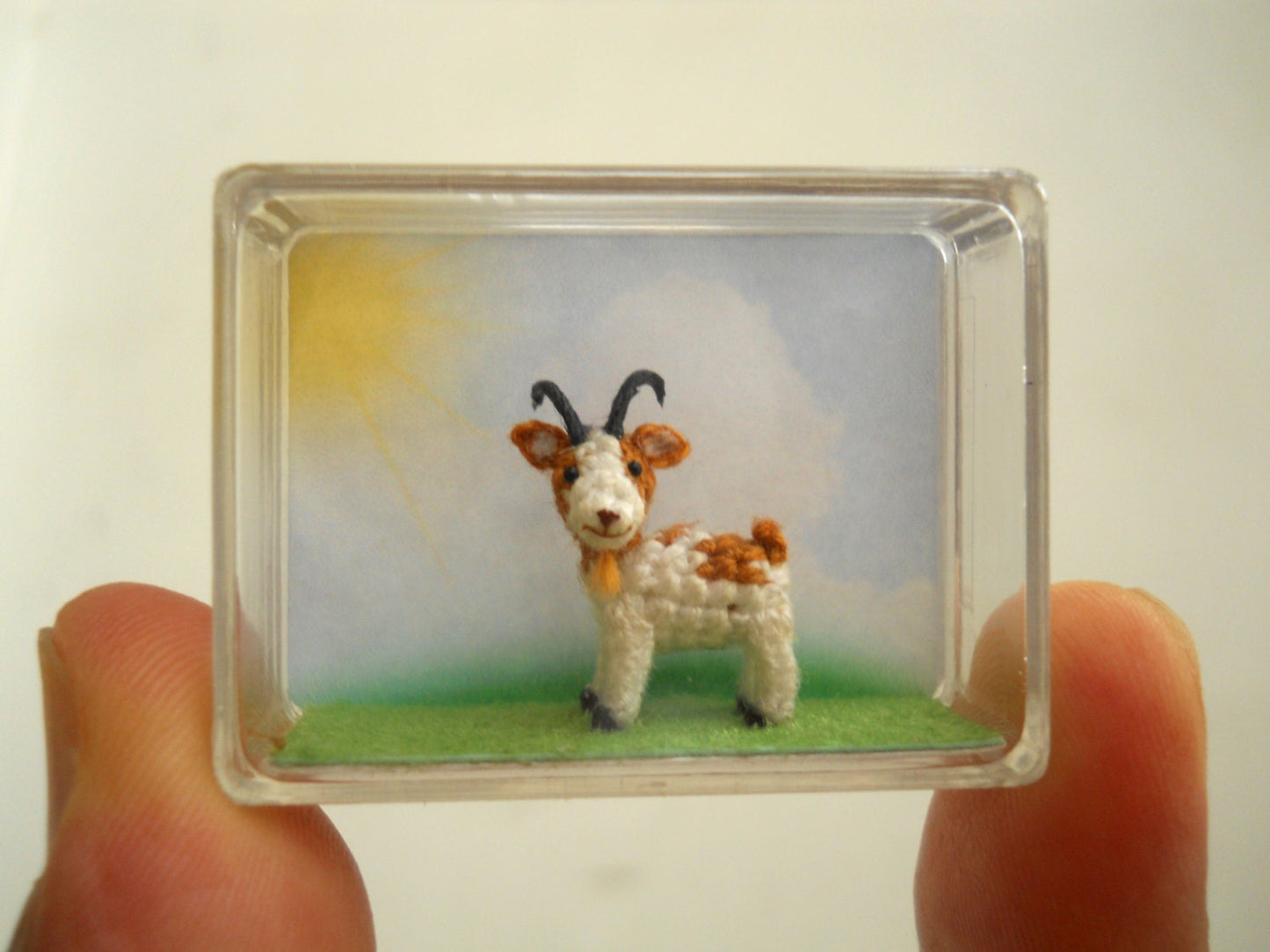 1/2 Inch Amigurumi Goat, White Brown - Micro Miniature Crochet Stuffed Animal - Made To Order