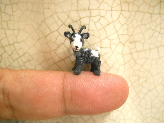 1/2 Inch Mini Goat, White Grey  - Micro Miniature Crochet Stuffed Animal - Made To Order