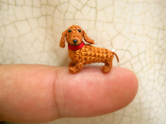 0.6 Inch Brown Dachshund - Micro Mini Crochet Dog Stuffed Animal - Made To Order
