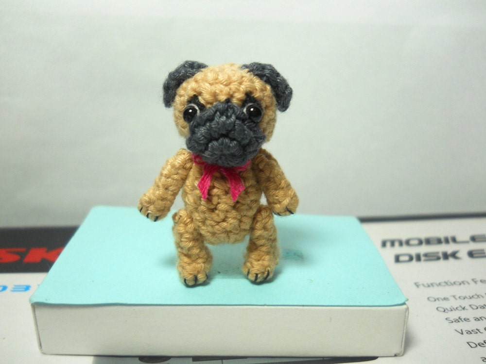 Mini Crochet Fawn Pug Dog - Teeny Tiny Dollhouse Miniature Pet - Made To Order