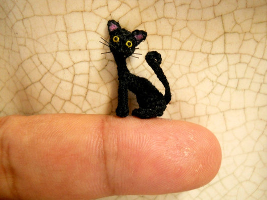Lovely Black Cat 0.8 inch - Micro Mini Amigurumi Art Decor Crochet Cat Kitten - Made to Order