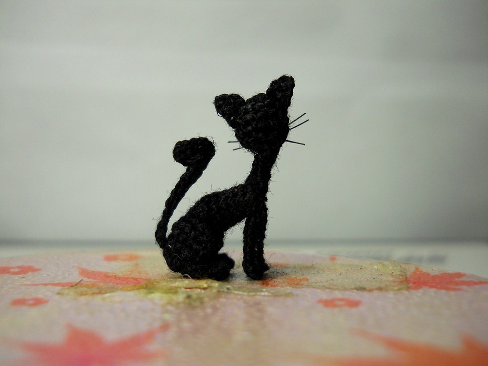 Lovely Black Cat 0.8 inch - Micro Mini Amigurumi Art Decor Crochet Cat Kitten - Made to Order
