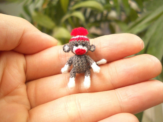 Sock Monkey 1 Inch Pom Pom Hat - Tiny Crochet Miniature Sock Monkey Stuff Animal - Made To Order