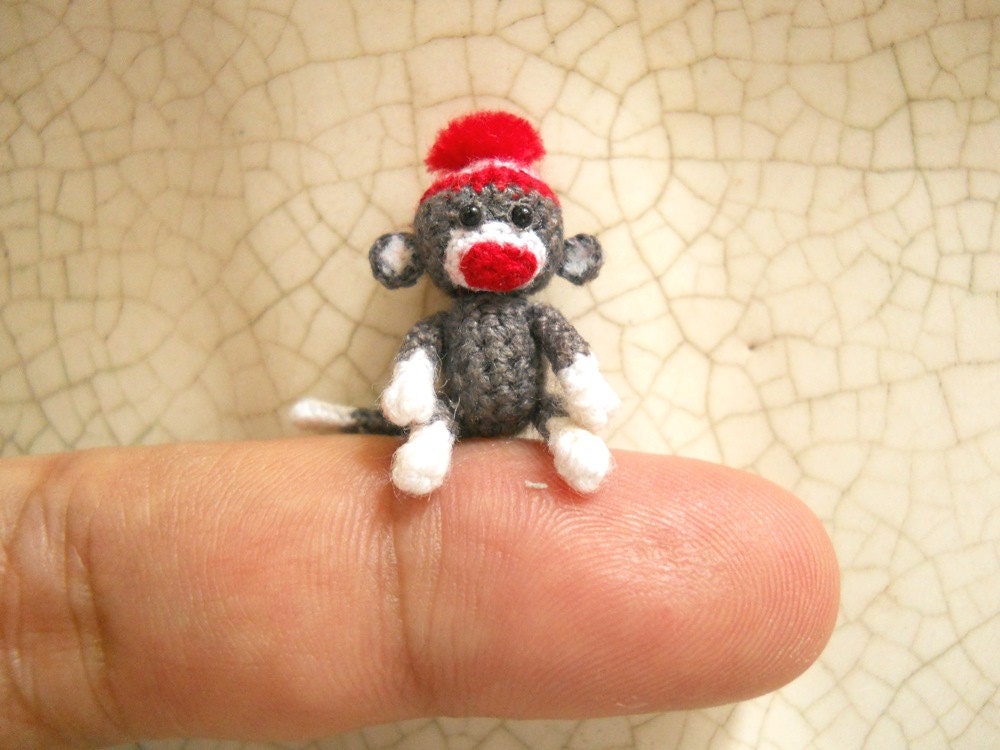 Sock Monkey 1 Inch Pom Pom Hat - Tiny Crochet Miniature Sock Monkey Stuff Animal - Made To Order