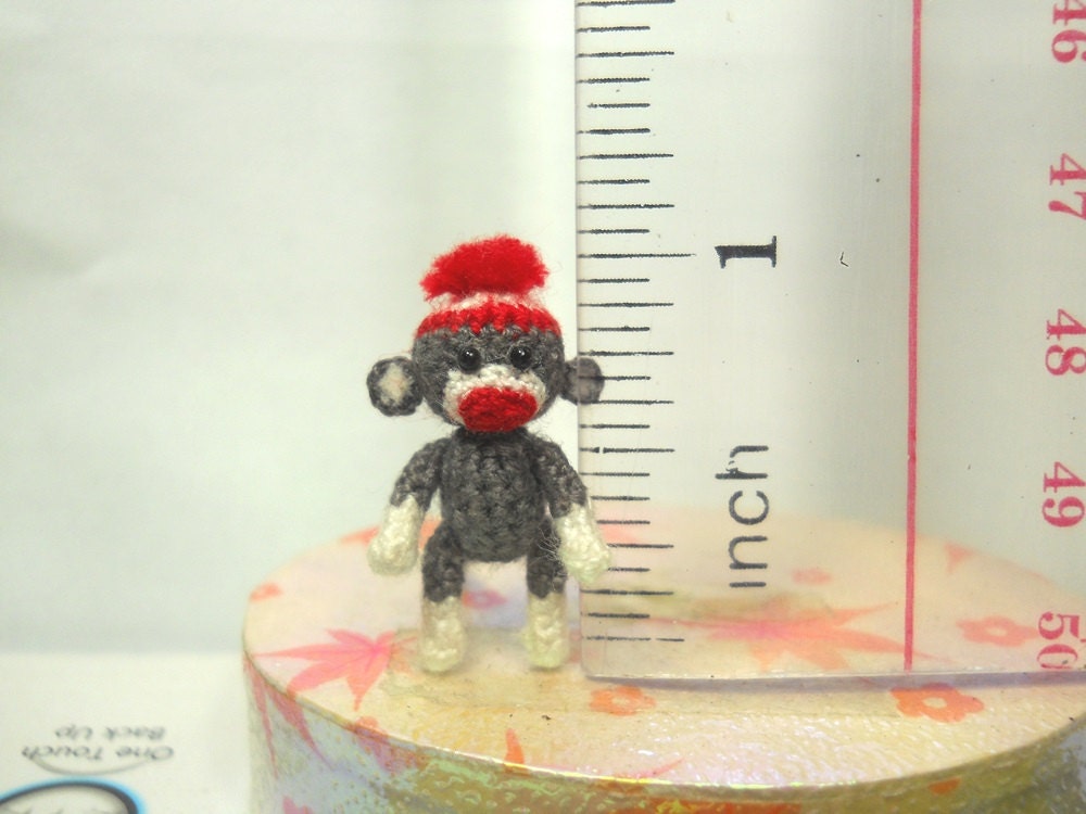 Sock Monkey 1 Inch Pom Pom Hat - Tiny Crochet Miniature Sock Monkey Stuff Animal - Made To Order