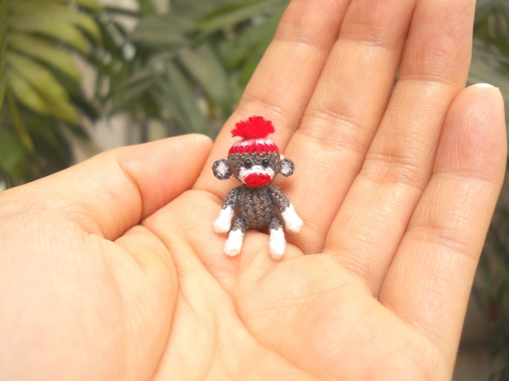 Sock Monkey 1 Inch Pom Pom Hat - Tiny Crochet Miniature Sock Monkey Stuff Animal - Made To Order