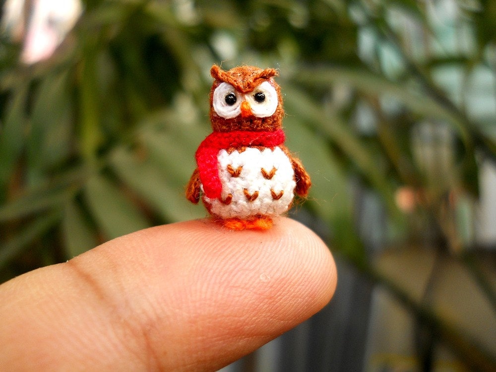 Brown Owl Red Scarf - Teeny Tiny Amigurumi Miniature Bird Stuffed Animal - Made To Order