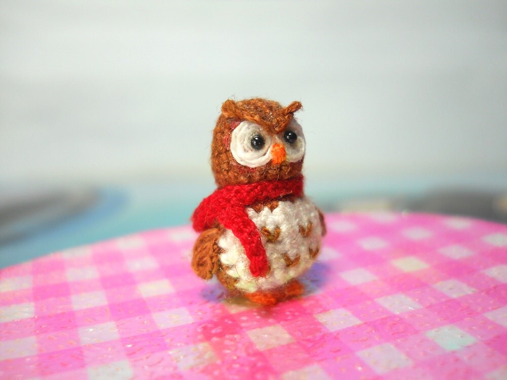 Brown Owl Red Scarf - Teeny Tiny Amigurumi Miniature Bird Stuffed Animal - Made To Order