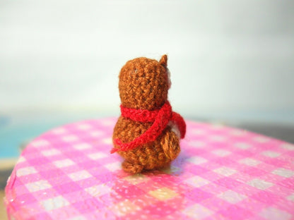 Brown Owl Red Scarf - Teeny Tiny Amigurumi Miniature Bird Stuffed Animal - Made To Order