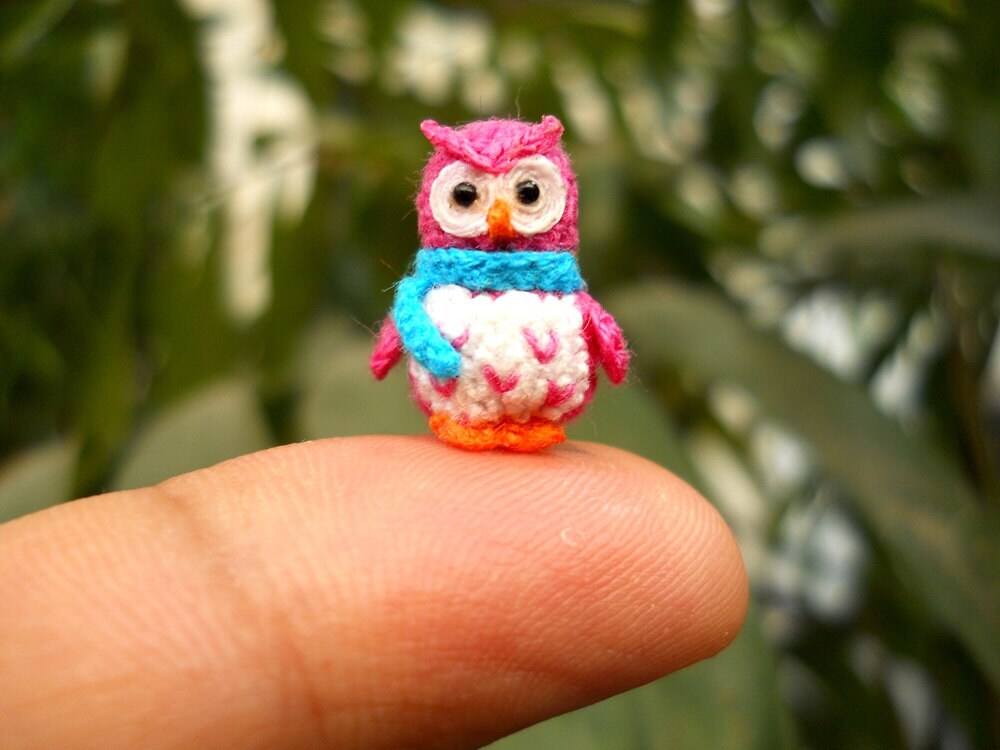 Pink Owl Blue Scarf - Micro Crochet Miniature Bird - Made To Order