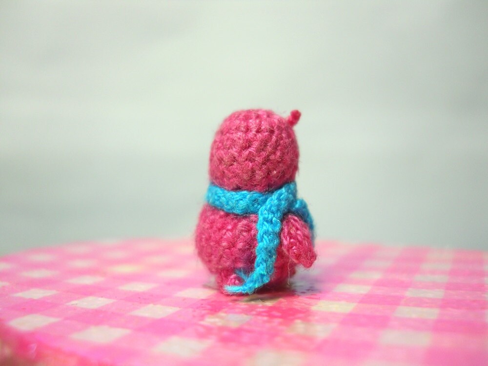 Pink Owl Blue Scarf - Micro Crochet Miniature Bird - Made To Order
