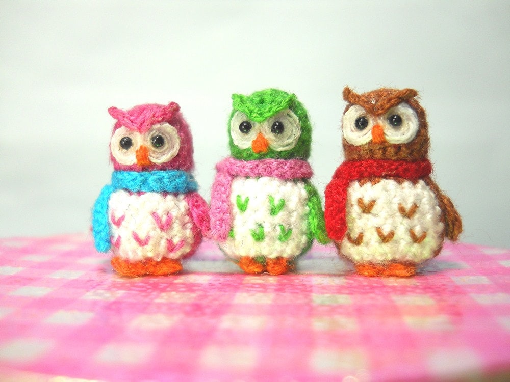 Three Micro Mini Owls - Tiny Amigurumi Crochet Miniature Owl Plush - Made To Order