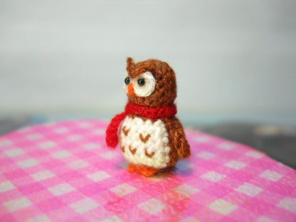 Brown Owl Red Scarf - Teeny Tiny Amigurumi Miniature Bird Stuffed Animal - Made To Order