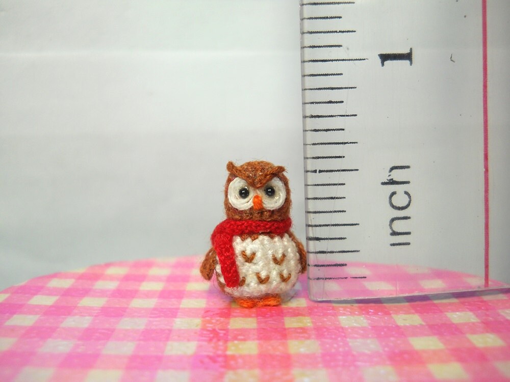 Brown Owl Red Scarf - Teeny Tiny Amigurumi Miniature Bird Stuffed Animal - Made To Order