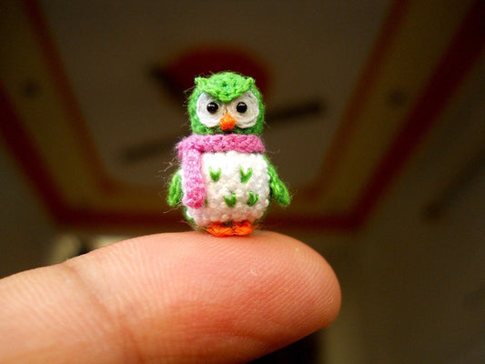 Green Owl Pink Scarf - Micro Crochet Miniature Bird - Made To Order