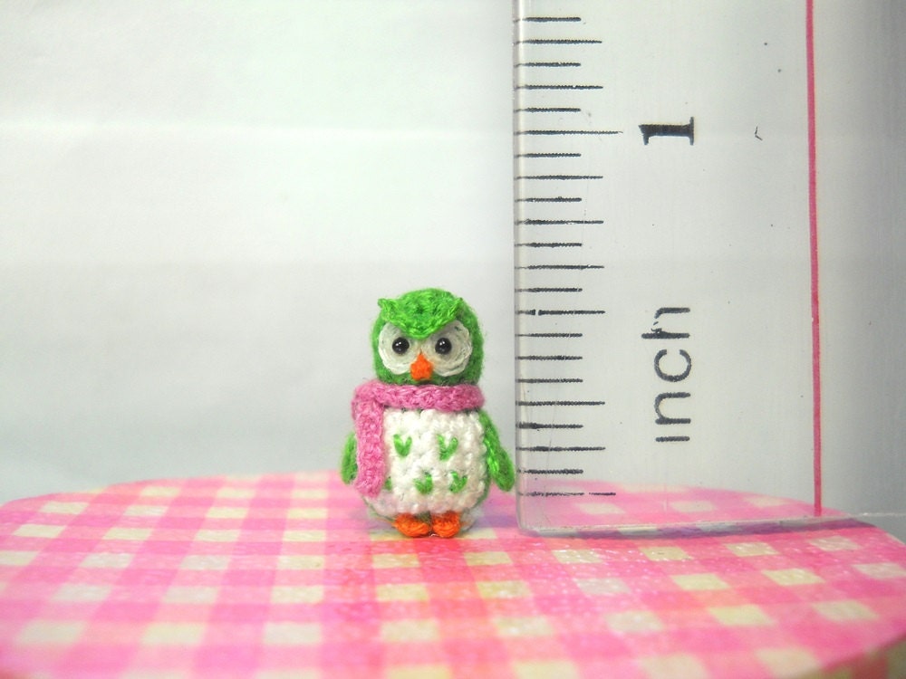 Green Owl Pink Scarf - Micro Crochet Miniature Bird - Made To Order