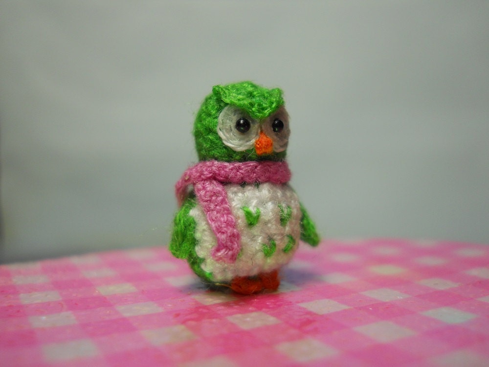 Green Owl Pink Scarf - Micro Crochet Miniature Bird - Made To Order