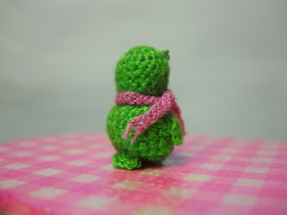 Green Owl Pink Scarf - Micro Crochet Miniature Bird - Made To Order