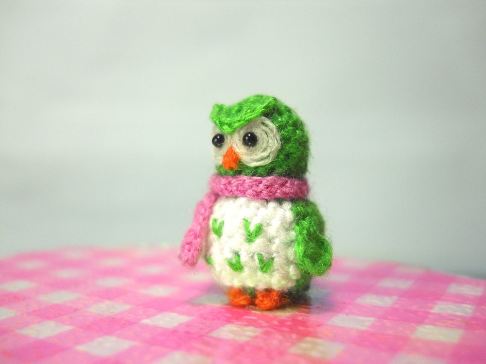 Green Owl Pink Scarf - Micro Crochet Miniature Bird - Made To Order