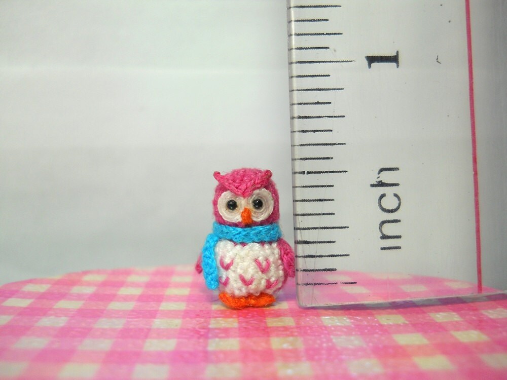 Pink Owl Blue Scarf - Micro Crochet Miniature Bird - Made To Order