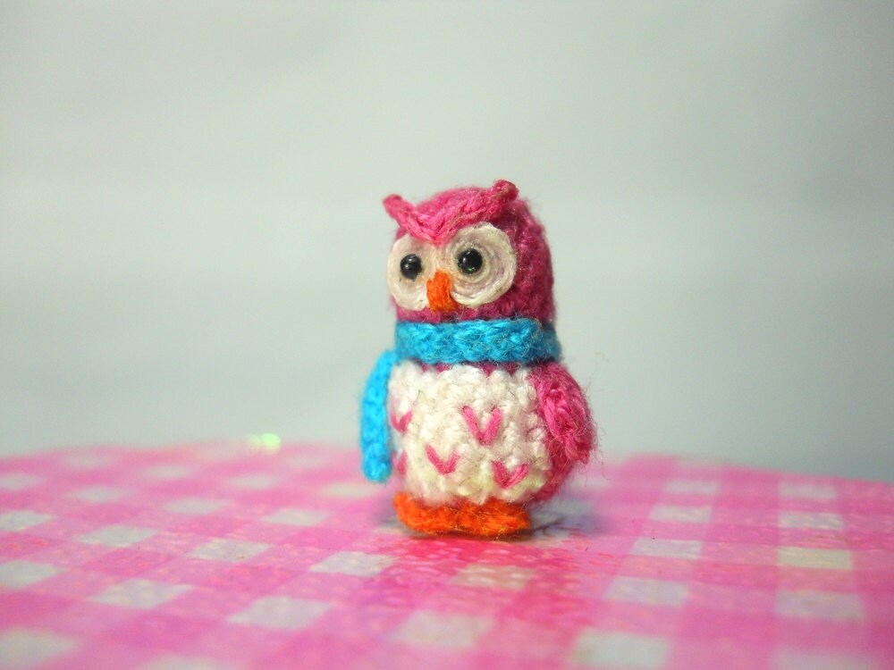 Pink Owl Blue Scarf - Micro Crochet Miniature Bird - Made To Order