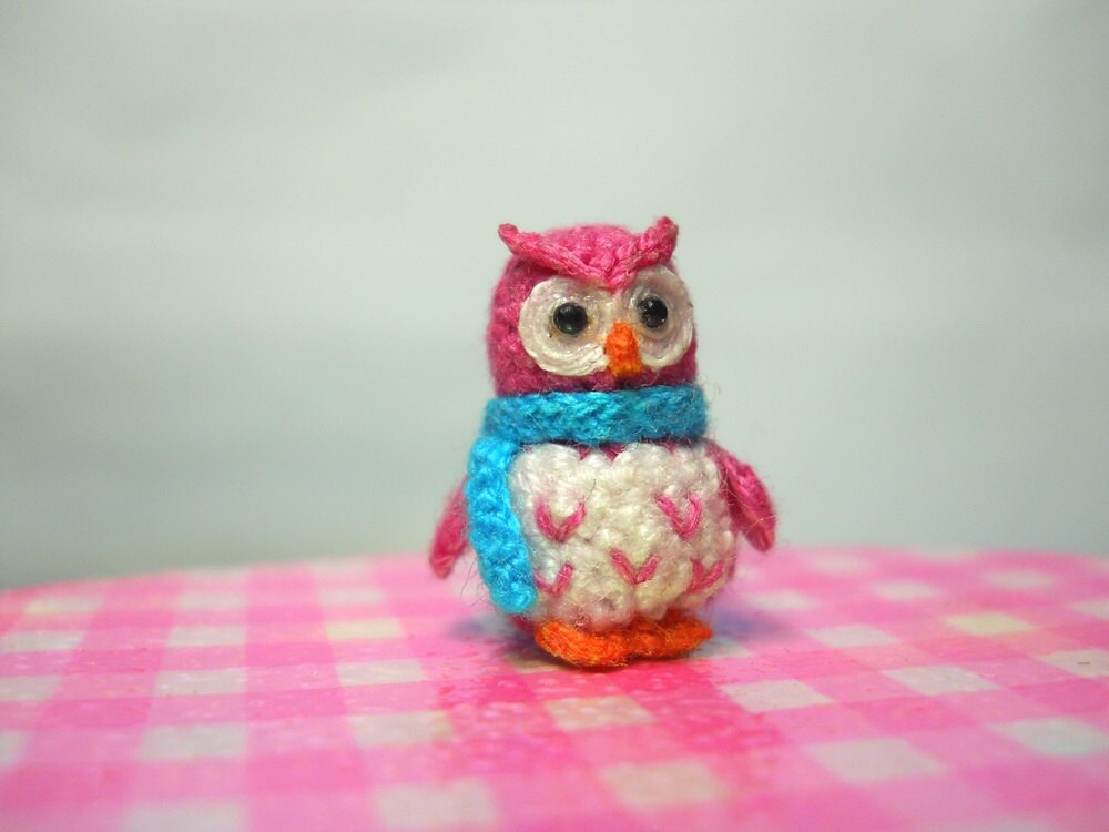 Pink Owl Blue Scarf - Micro Crochet Miniature Bird - Made To Order