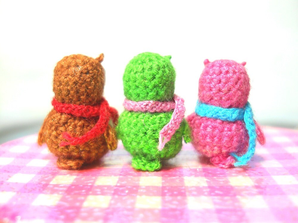 Three Micro Mini Owls - Tiny Amigurumi Crochet Miniature Owl Plush - Made To Order