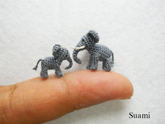 Extreme Tiny Elephants - Micro Mini Amigurumi Crochet Miniature Animals - Set of Two Elephants Dad and Son - Made To Order