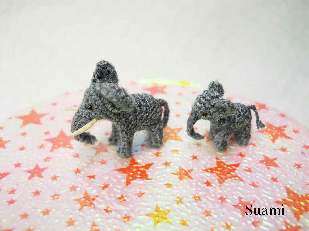 Extreme Tiny Elephants - Micro Mini Amigurumi Crochet Miniature Animals - Set of Two Elephants Dad and Son - Made To Order