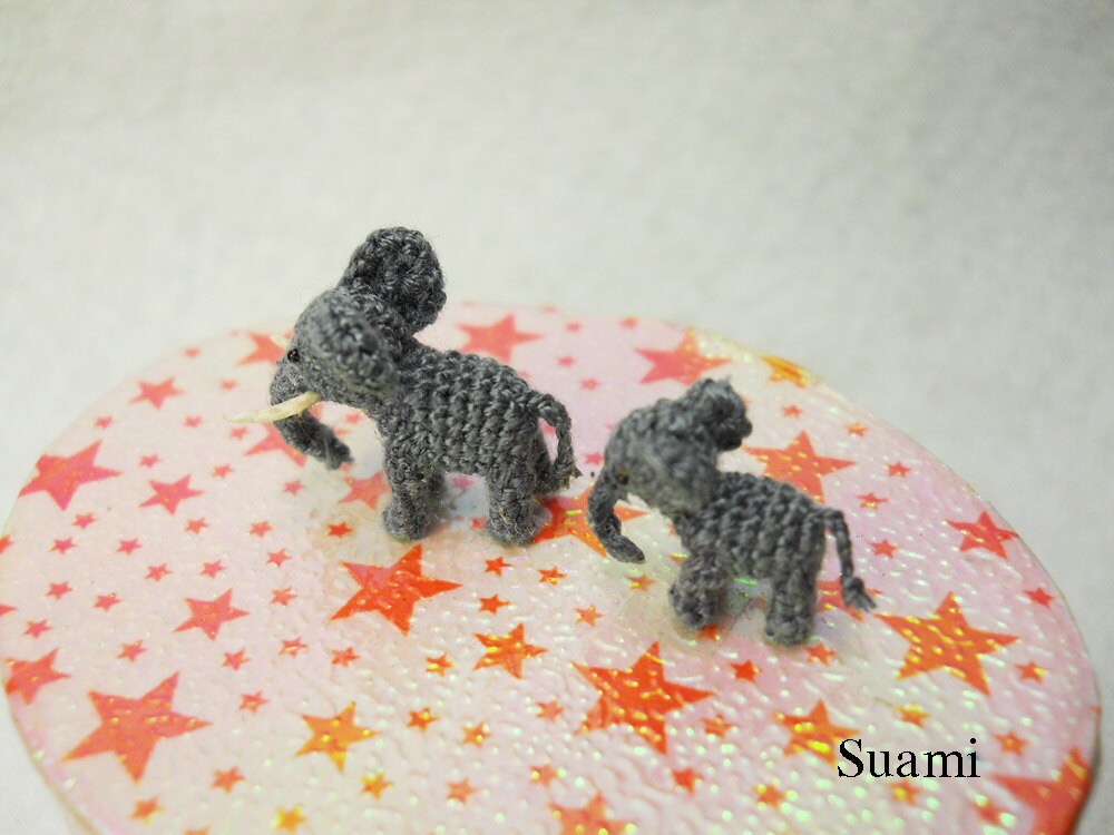 Extreme Tiny Elephants - Micro Mini Amigurumi Crochet Miniature Animals - Set of Two Elephants Dad and Son - Made To Order