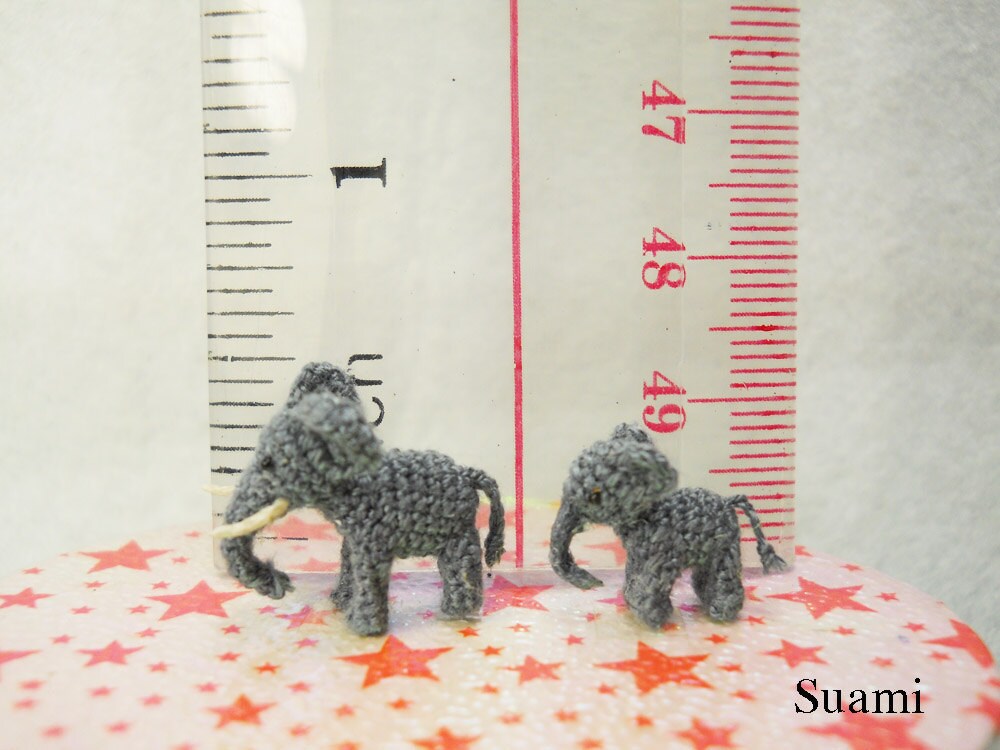 Extreme Tiny Elephants - Micro Mini Amigurumi Crochet Miniature Animals - Set of Two Elephants Dad and Son - Made To Order