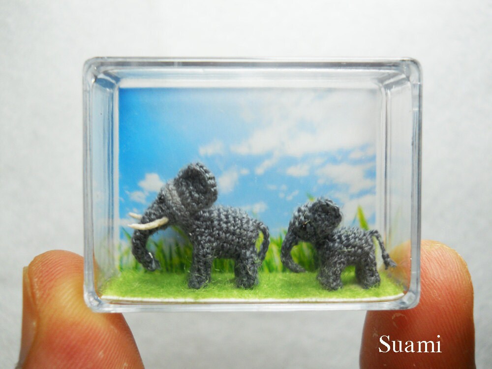 Extreme Tiny Elephants - Micro Mini Amigurumi Crochet Miniature Animals - Set of Two Elephants Dad and Son - Made To Order