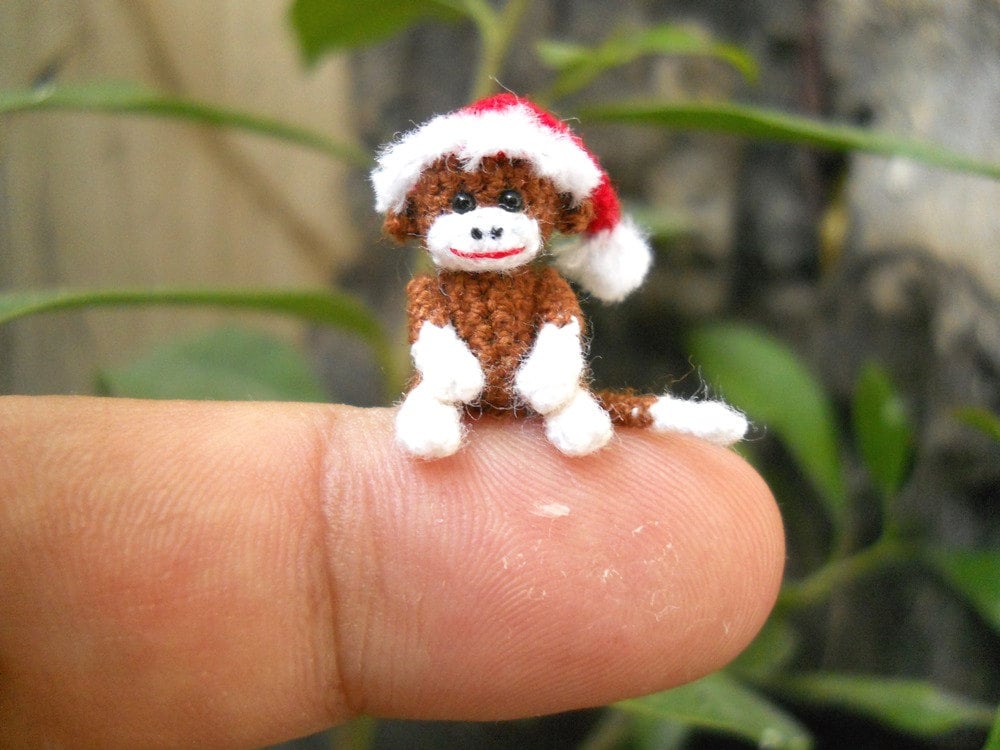Christmas Sock Monkey Doll - Mini Amigurumi Tiny Crochet Miniature Stuff Animal - Made To Order
