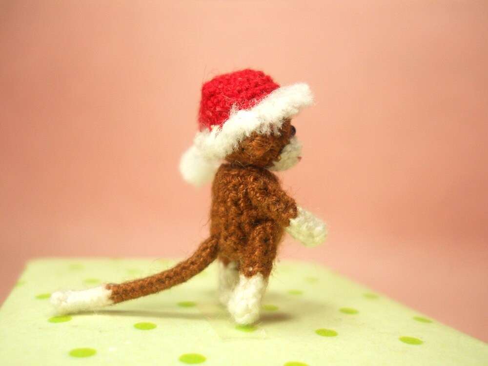 Christmas Sock Monkey Doll - Mini Amigurumi Tiny Crochet Miniature Stuff Animal - Made To Order
