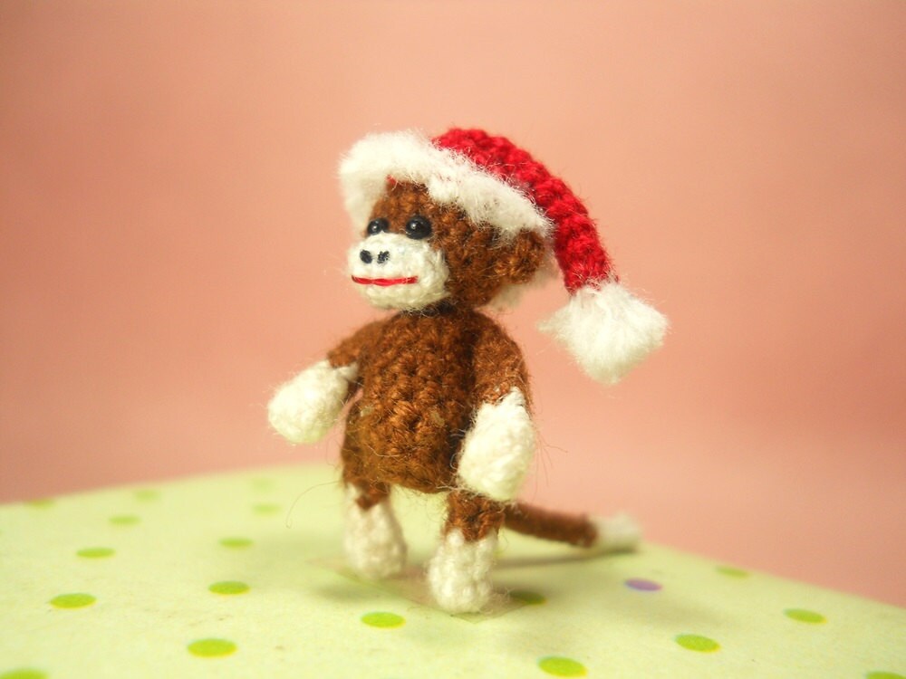 Christmas Sock Monkey Doll - Mini Amigurumi Tiny Crochet Miniature Stuff Animal - Made To Order