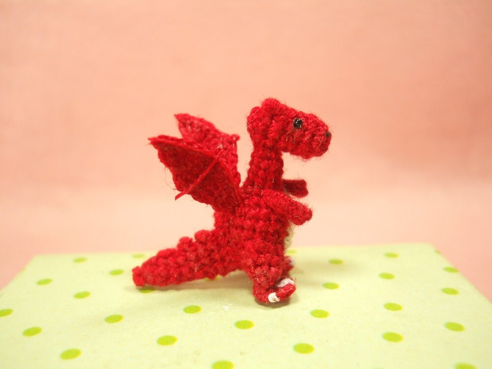Red Dragon Winged - Tiny Crochet Miniature Dino Stuffed Animals - Made To Order