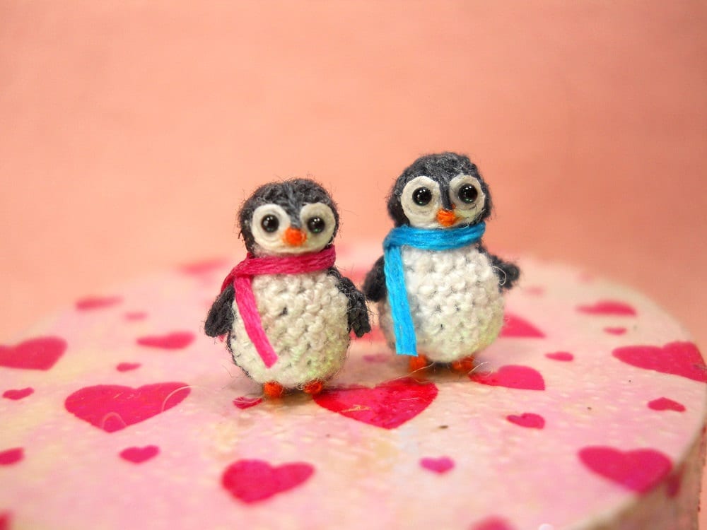 Penguin Couple - Tiny Doll Miniature Amigurumi Stuffed Animal Toy - Set of Two Penguins - Made To Order