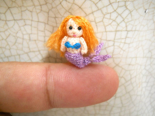 Micro Amigurumi Purple Mermaid - Miniature Crochet Tiny doll - Made To Order