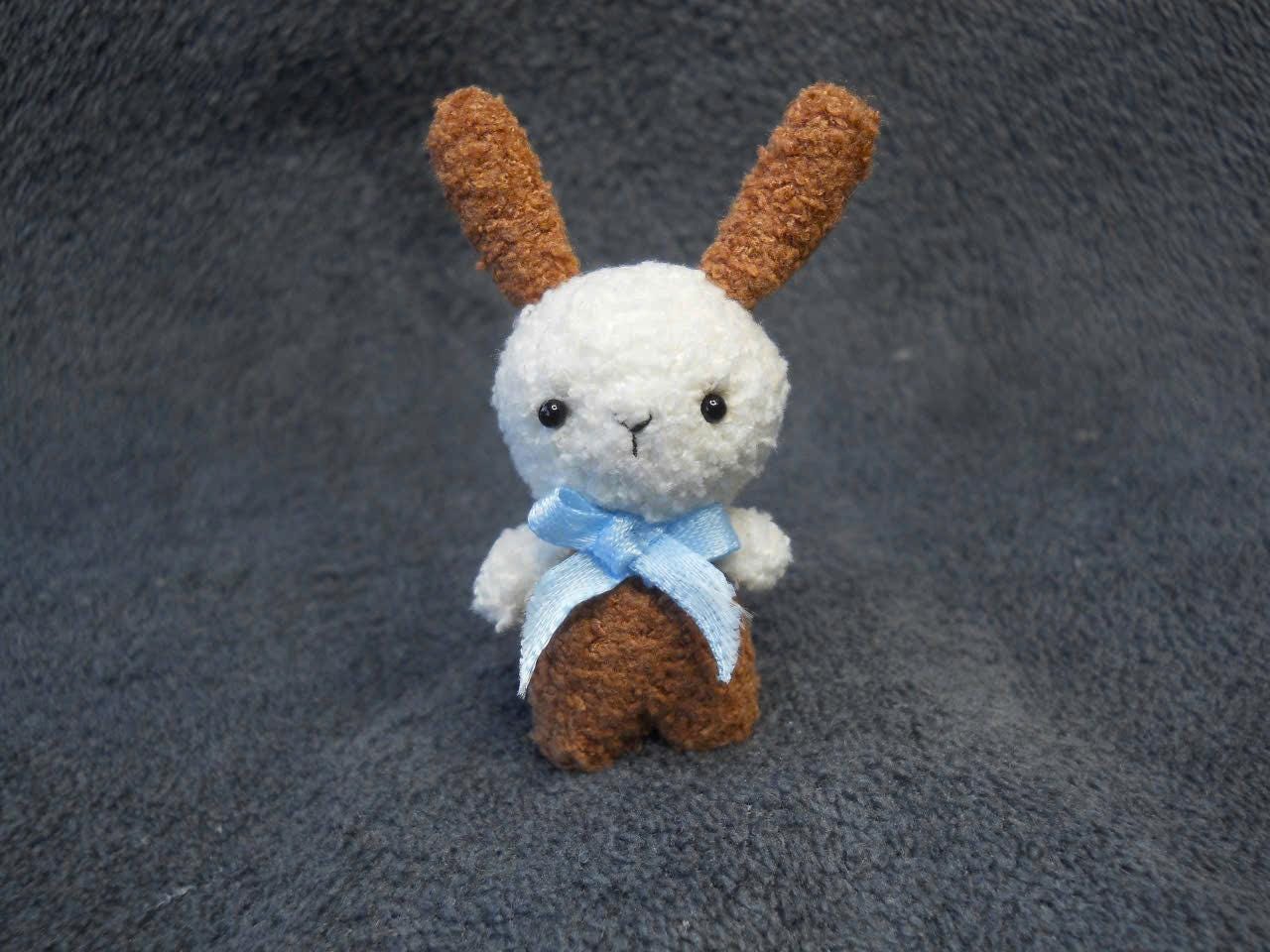 Mini White Brown Rabbit - Small Crocheted Rabbit, Miniature Doll Bunny, Soft Bunny Doll - Made To Order