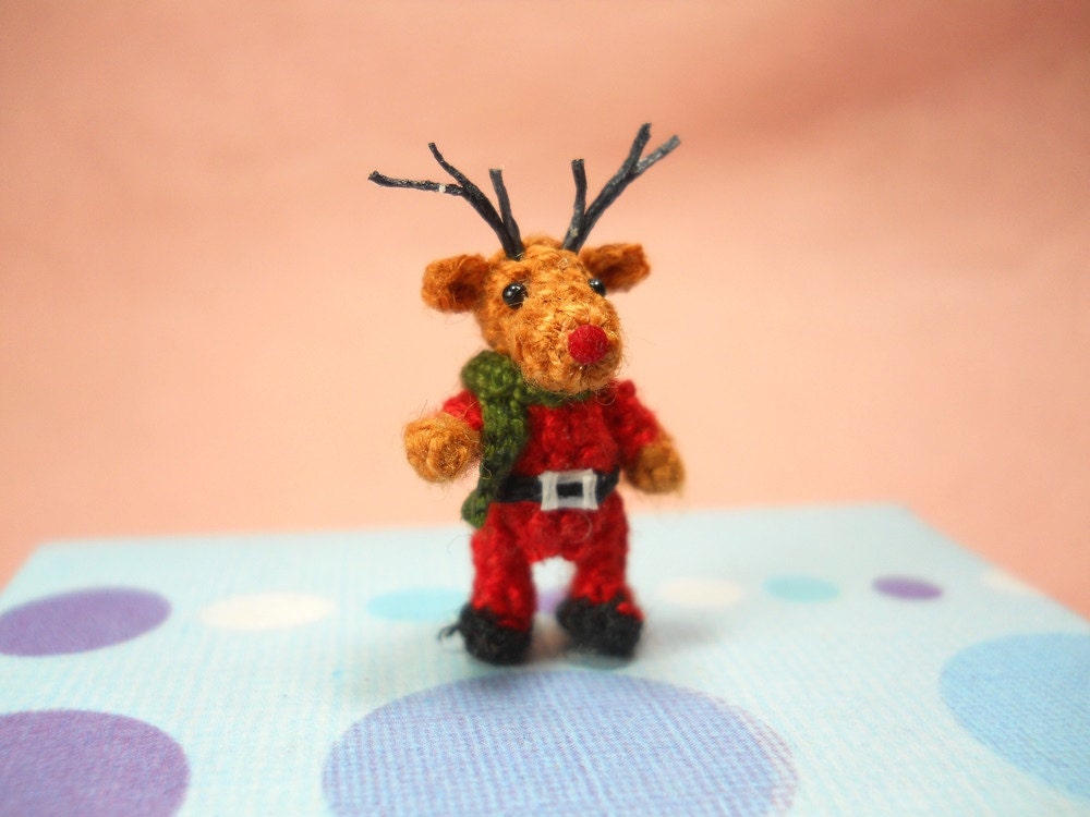 Miniature Rudolf Reindeer - Tiny Amigurumi Crochet Mini Doll Stuffed Animal - Made To Order
